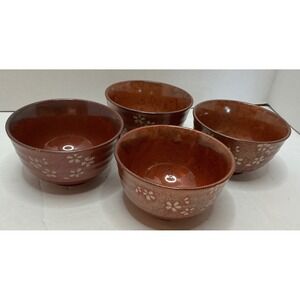 Unbranded Set of 4 Ceramic Bowls Cherry Blossom Sakura Brown Stoneware 4.5"‎